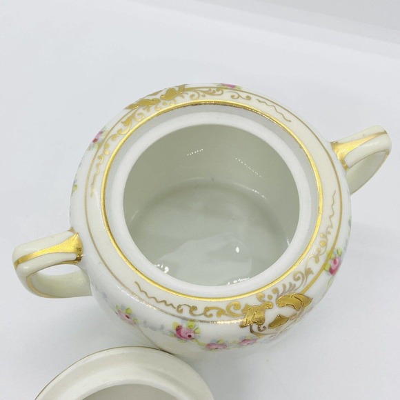 Antique Nippon Morimura Creamer Sugar Pink Cabbage Rose Gold Gilt Hand Painted - Picture 9 of 12